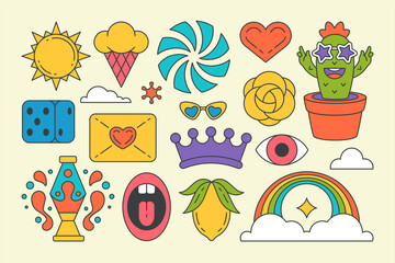 Set multicolored pop art contoured graphic elements decorative design groovy sticker vector cartoon