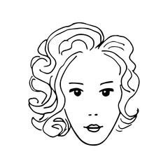 Simple hand-drawn vector drawing in black outline. Young woman face isolated on white background. Short wavy hair, head. For labels, cosmetics, care. Ink sketch.