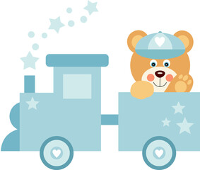 Cute baby boy teddy bear on blue toy train