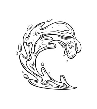Ocean wave outline. Drawn monochrome sea waves tide splash, splash water motion, with spray, marine surf wave, and sea storm elements, vector illustration in retro style.