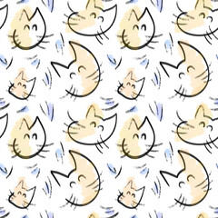 Abstract cats on a watercolor background. Hand-drawn Seamless pattern for fabric, paper design. Black line drawing
