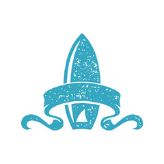 Standing surfboard decorated by tissue festive ribbon blue hand drawn grunge texture vector