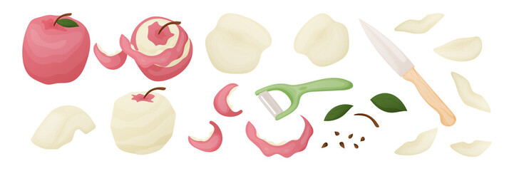 Apple peeling set natural food preparation. Vector illustration