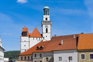 Church of St. James the Greater in Prachatice city of South Bohemia a historic tower panorama