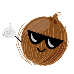 Fruit characters. A cool cartoon Coconut character wearing sunglasses and doing a thumbs up isolated on white background. Vector
