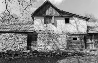 Abandoned peasant house in a forest seen through black and white
