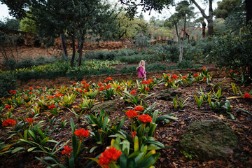 Child exploring exotic plants at park in Barcelona