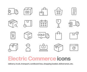 インターネット通販や配達に関するアイコンセット。シンプルな線画のアイコン。トラック,配達員,ダンボール箱,ショッピングカート,ブラウザ,スマートフォン,ノートパソコン等のイラストが含まれる。