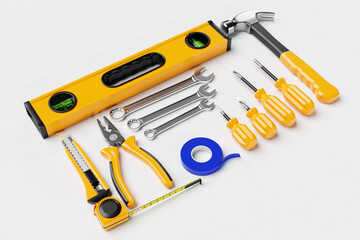 3D illustration   screwdriver, hammer, pliers, levers,screws, etc. for handmade on  white background. Various working tools. Construction, construction, renovation concept.