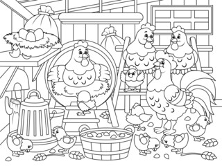 Agricultural premises, chicken coop. Farm bird, chicken family. Raster illustration, children coloring book. © toricheks