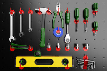 Construction tools. Hand tool for home repair and construction. wrench, cutter, electrical tape, ratchet, pliers, level hang in place on the shelf. 3D illustration
