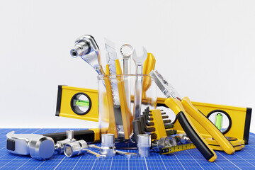 Construction tool shop service concept. set of all tools for home repair builder on a white background. 3d illustration