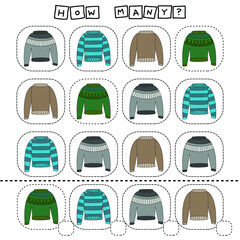 How many counting game with  sweaters. Preschool worksheet, kids activity sheet, printable worksheet
