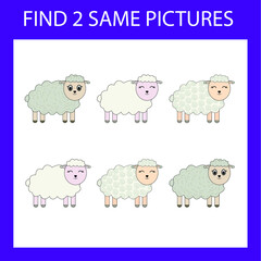 Find a pair game with funny  sheep.  Worksheet for preschool kids, kids activity sheet, printable worksheet 
