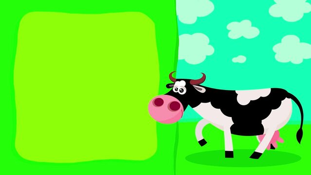 Cartoon character cow farm village animal walking loop animation for titles. Cute intro frame included, seamless loop. 