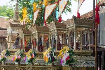 CHIANG MAI, THAILAND April,13, 2022 : People sprinkle water onto a Buddha image,
 Buddha statue water ceremony in Songkran Festival in Chiang Mai, Thailand