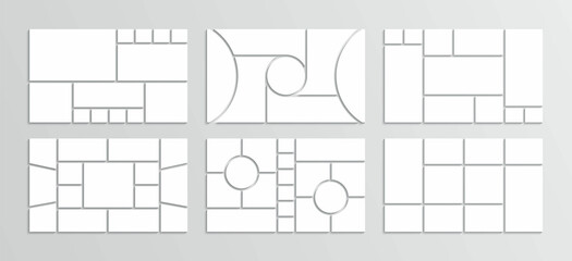 Moodboard grid. Photo collage template. Mood board layout. Mosaic pictures frame. Retro gallery banner. Album brandboard. Set of portfolio images. Scrapbook mockup background. Vector illustration