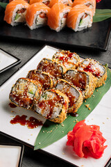 Tempura fried maki sushi rolls with unagi sauce