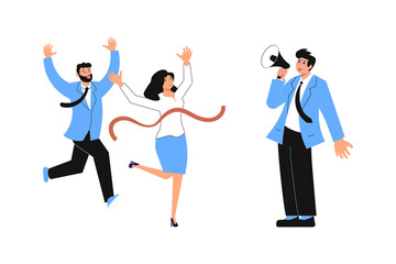 Boss shouting through megaphone to employees running for success