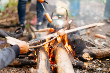 Teapot Sauasge Grilled Campfire On Nature Picnic Bonfire Preparing Food