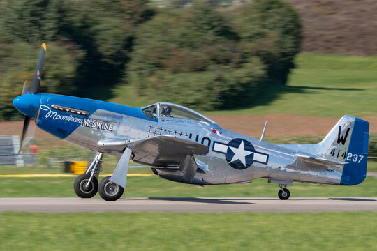 Payerne, Switzerland - August 30, 2014: 1944 North American P-51D Mustang fighter aircraft Moonbeam McSwine F-AZXS.