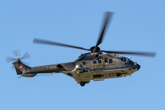 Payerne, Switzerland - August 30, 2014: Swiss Air Force Aerospatiale AS532 (TH98) military utility helicopter T-340.