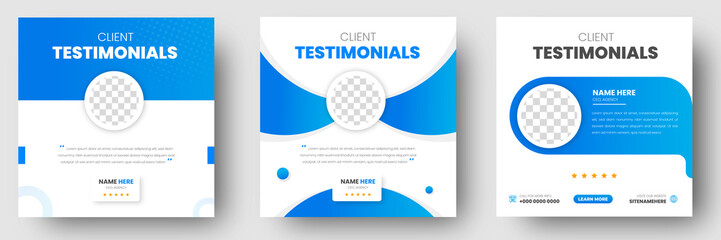 Customer feedback testimonial social media post web banner template. client testimonials social media post banner design template with blue color