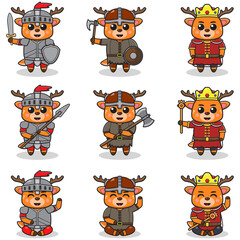 Obraz premium Vector illustrations of Deer characters in various medieval outfits. King, viking and knight costume. Vector illustration bundle