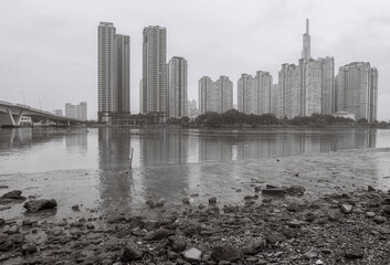 Landscape photo film black and white: Landmark 81 tower. Time: May 02, 2022. Location: Ho Chi Minh...