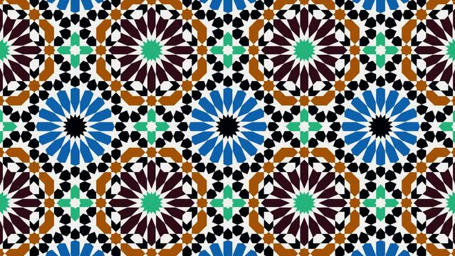 Moroccan mosaic background. Girih is a decorative oriental geometric artform. Kaleidoscopic arabian ornament video. Transforming islamic geometric pattern. Seamless loop animation.