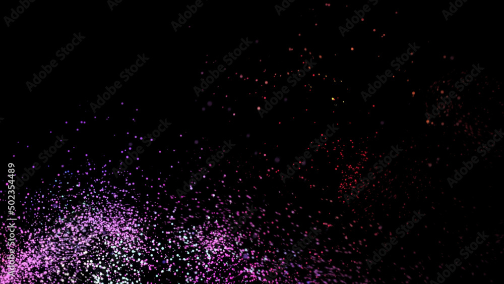 Poster beautiful abstract animation of multi-colored flickering particles scattered and whirling on a black