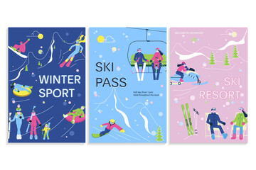 Set of Winter Sport banners Ski Resort with people