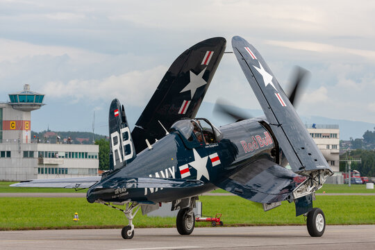 Payerne, Switzerland - August 29, 2014: Vought F4U-4 Corsair world war II vintage fighter aircraft OE-EAS from The Flying Bulls Collection.