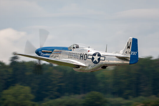 Payerne, Switzerland - August 29, 2014: 1944 North American P-51D Mustang fighter aircraft Moonbeam McSwine F-AZXS.