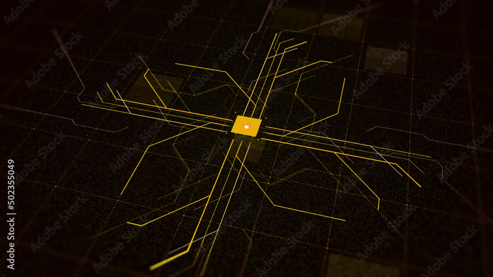 Poster electric impulses running into computer circuit board, data procession. animation. digital data , co