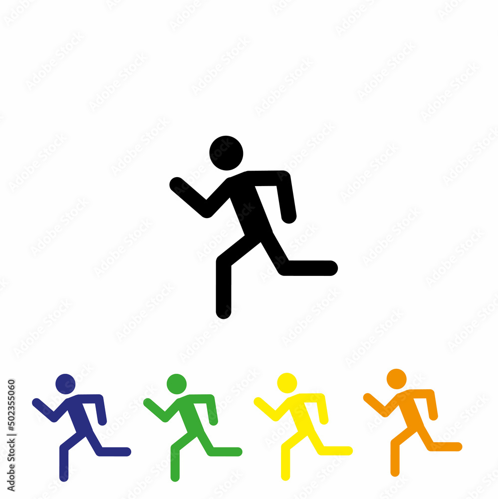 Sticker flat illustration of the icon of a running man, the pictogram of a walking figure of a man, the design of the symbols of people isolated on a white background