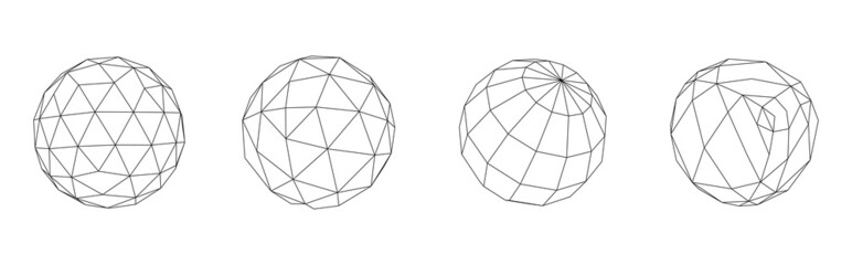 Set of wireframe sphere from different sides. Vector abstract geometric 3D objects. Technology block chain network connection.
