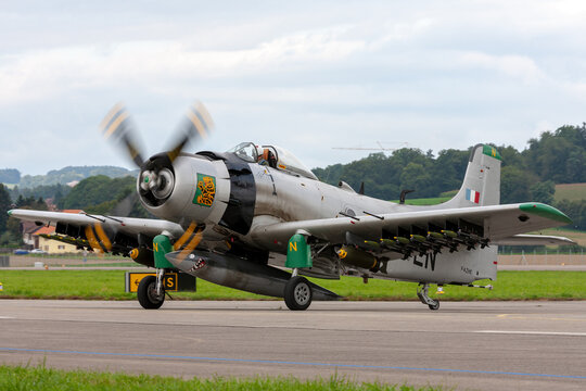 Payerne, Switzerland - August 31, 2014: Former French Air Force Douglas A-1D Skyraider single seat attack aircraft F-AZHK.