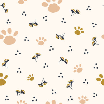 Paws and flowers surface pattern design for textiles, home decor, stationery, fashion, children’s clothes, repeating vector background tile