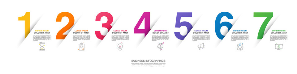 Modern vector flat illustration. Line infographic numbers template with seven elements, icons. Timeline designed for business, presentations, web design, interface, diagrams with 7 steps