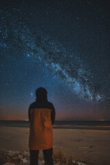One man looking to the Milky Way Galaxies. Concept of science and future technologies