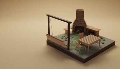 Old wooden table and swing with fireplace on the background.3D rendering