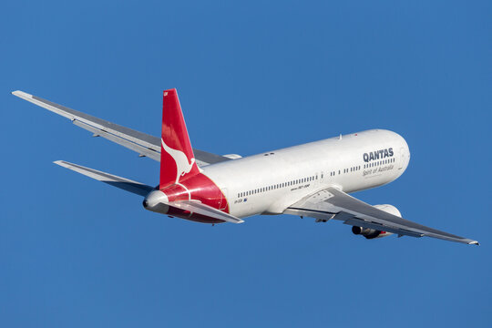Sydney, Australia - May 5, 2014: Qantas Boeing 767 airliner taking off from Sydney Airport.