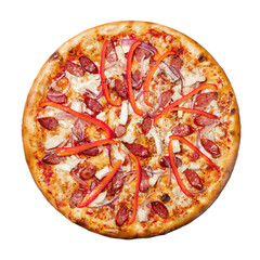 Hunting pizza with hunting sausages isolated on a white background top view.