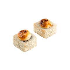 Baked roll with cheese cap and sesame isolated on a white background.
