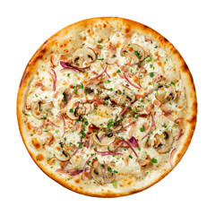 Julienne pizza with mushrooms isolated on a white background top view.