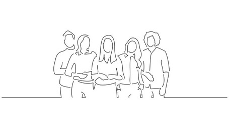 Company work team in line art animation. Video footage of a group of business people working. Black linear video on white background. Animated gif illustration design.