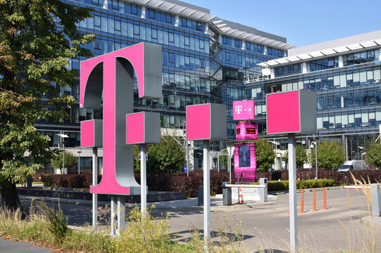 T-Mobile company sign, logo, symbol, near the store and office of popular provider of telecommunication, mobile and internet services. WARSAW, POLAND - SEPTEMBER 12, 2020