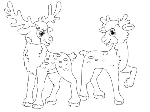 Two deer. Isolated picture. Vector illustration, children coloring book.