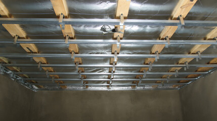 Builder installs profile metal frame for plasterboard ceilings